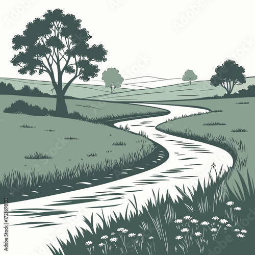 Serene winding river flowing through rolling green hills with trees and wildflowers in a stylized illustration