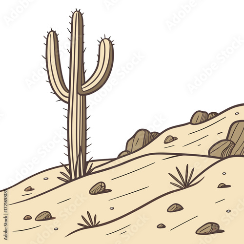 Stylized cartoon illustration of a saguaro cactus standing tall in a sandy desert landscape with rocks and sparse vegetation