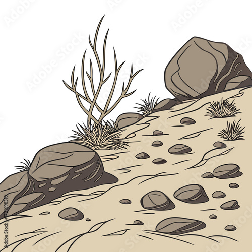 Stylized illustration of a desert landscape with rocks and dry brush on a sandy slope