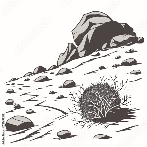 Stylized illustration of a desert landscape with scattered rocks and a lone dry bush under a white sky