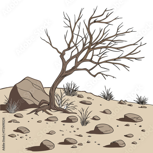 Stylized illustration of a barren windswept tree with exposed roots on a rocky sandy desert landscape