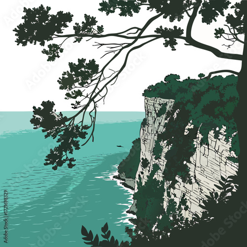 Stylized illustration of a dramatic cliff face overlooking a serene turquoise ocean with overhanging tree branches