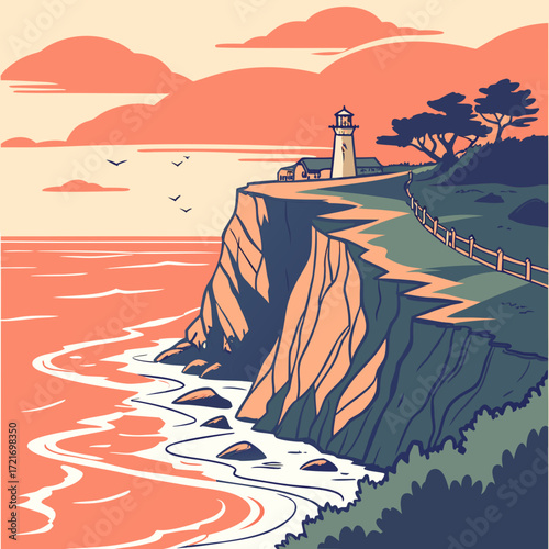 Stylized illustration of a lighthouse on a cliff overlooking the ocean with a coastal path and trees