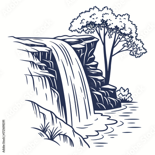Stylized illustration of a majestic waterfall cascading over rocky cliffs beside a lush tree and flowing water