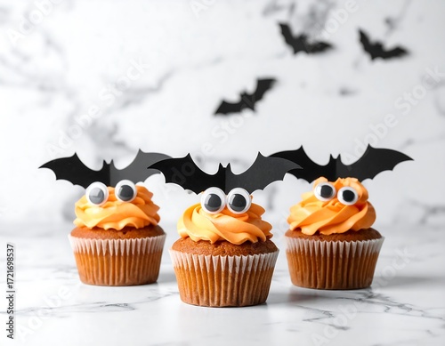 Three Halloween cupcakes with bat decorations
