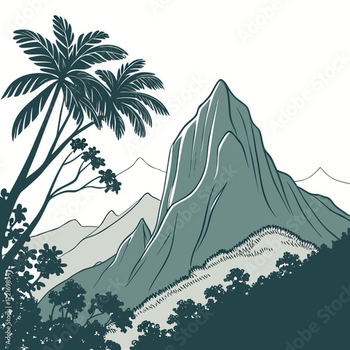 Stylized illustration of a tropical mountain landscape with palm trees and lush vegetation under a clear sky