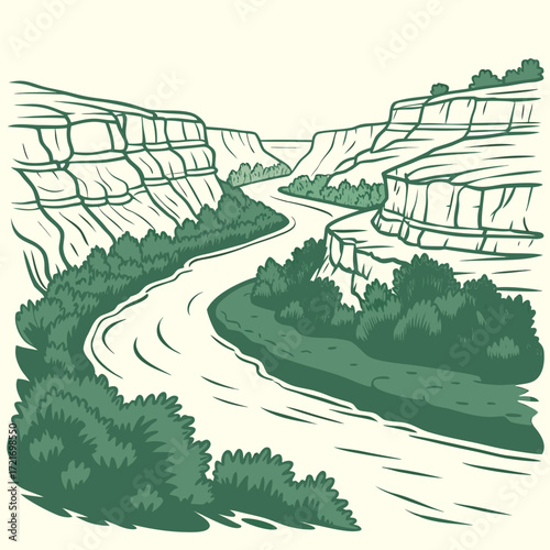Stylized illustration of a winding river flowing through a grand canyon with lush green vegetation