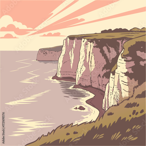 Stylized illustration of dramatic chalk cliffs meeting the ocean under a pastel sunset sky with stylized clouds