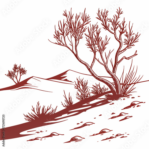 Stylized sketch of a desert landscape with sparse vegetation and rolling dunes under a white background