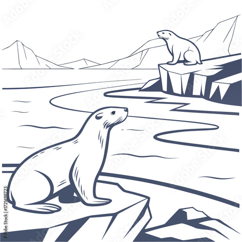 Two seals sitting on ice floes with mountains and water in the background in a minimalist line art style