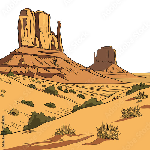 Iconic monument valley mittens mesas with sparse desert vegetation and rolling sand dunes under a clear sky