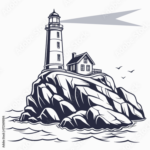 Iconic lighthouse and keeper s house perched on a rocky cliff overlooking the ocean waves