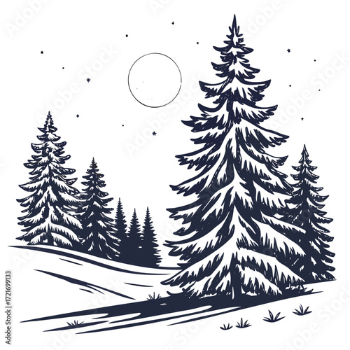 Whimsical hand drawn illustration of a serene winter forest scene under a starry night sky with a large moon