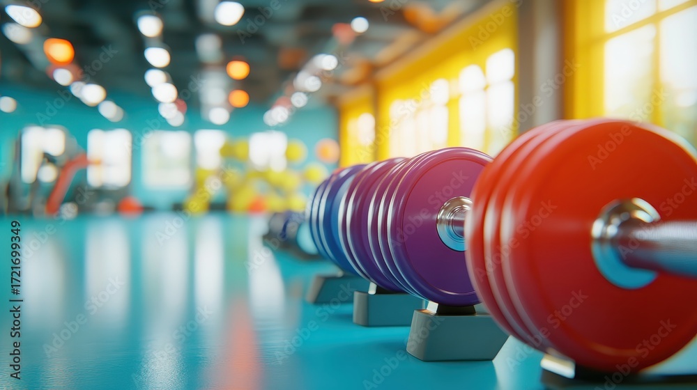 Obraz premium Colorful Dumbbells in Modern Gym Environment with Bright Lighting
