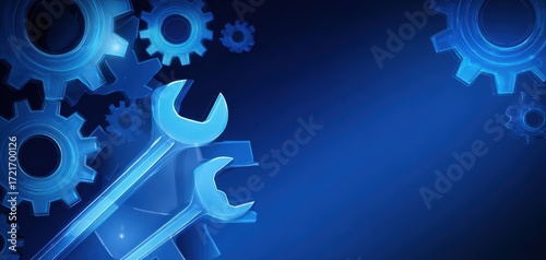 The Wrench and Gears on a Blue Digital Background Representing Technical Concept