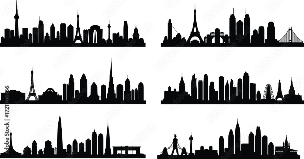 Fototapeta premium City skyline silhouettes, urban landmarks, famous buildings, global architecture, black skyline vector, travel icons, cityscape illustration, world cities, skyline art, architectural shapes, silhouett