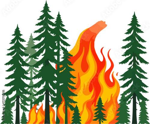 Minimalist Flat Vector of Evergreen Pine Forest Wildfire with Giant Red and Yellow Flames – Environmental Disaster, Climate Crisis, and Nature Safety Concept Illustration