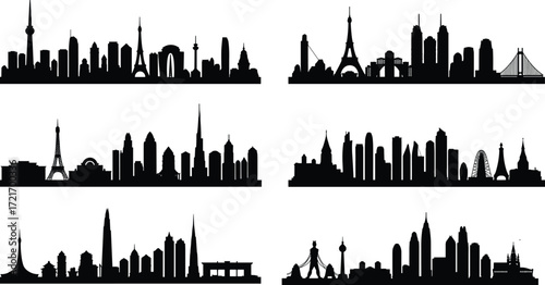 City skyline silhouettes, urban landmarks, famous buildings, global architecture, black skyline vector, travel icons, cityscape illustration, world cities, skyline art, architectural shapes, silhouett
