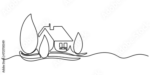 Single continuous line drawing green eco modest house at village. Continuous one line drawing art. Home building construction isolated minimalism concept. Editable outline