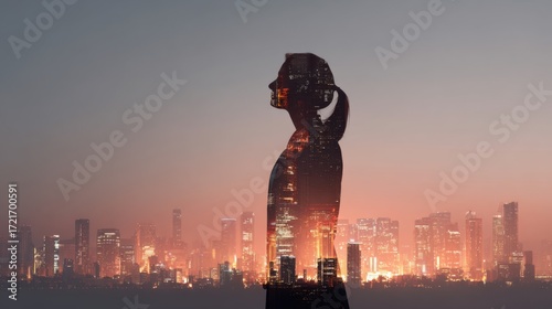 Fototapeta Naklejka Na Ścianę i Meble -  woman city lights silhouette dreamscape