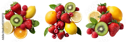  Set of various fruits including strawberries, raspberries, kiwi, lemons, oranges isolated on a transparent background