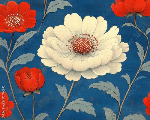 Elegant floral pattern with red and white flowers on a blue textured background. Perfect for invitations, wallpaper, or any vintage-inspired creative projects.