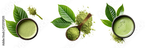  Set of green tea with leaf isolated on a transparent background