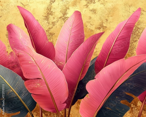Pink and gray tropical leaves against a gold textured background, closeup. Use as wall art, print design, or digital wallpaper for luxurious projects.
