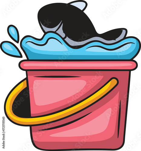 A cartoon orca whale splashes in a pink bucket of water