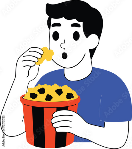 A cartoon person eating popcorn from a bucket