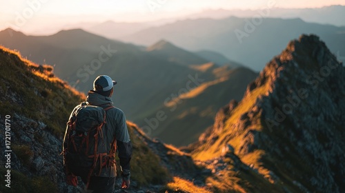 climbing. Solo hiker on mountain trail during golden hour, with blurred mountain backdrop. tourism brochures, itinerary planners, designed for hospitality marketing for hotel rooms and spa retreats.