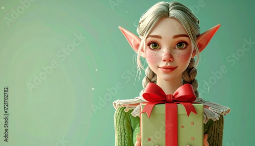3D render of cheerful elf carrying oversized present with ribbon bow, pastel green background, perfect for Christmas cards, holiday ads, and festive seasonal illustrations