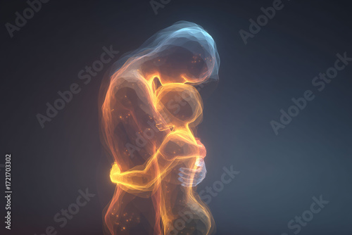 Glowing abstract human figure hugging inner child silhouette symbolizing therapy self love and inner healing surreal conceptual design clean background no text
