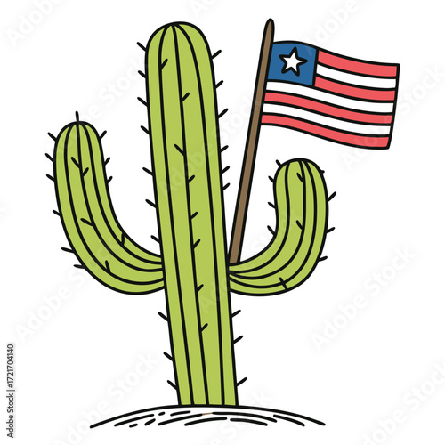 A charming cactus proudly displays a patriotic American flag, creating an appealing doodle