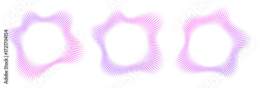 Sound equalizer icons with lines and dots, gradient neon circular sound wave frames, abstract radial music icons. Audio beat symbol concept isolated on white. Vector illustration.