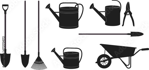 pruning shears, wheelbarrow, black icons, garden equipment, vector set, landscaping, agriculture, horticulture, backyard, outdoor work, soil care, planting gear, garden maintenance, tool collection, f