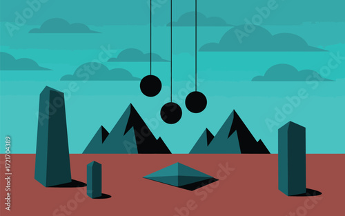 Abstract landscape with geometric shapes mountains and hanging spheres artwork