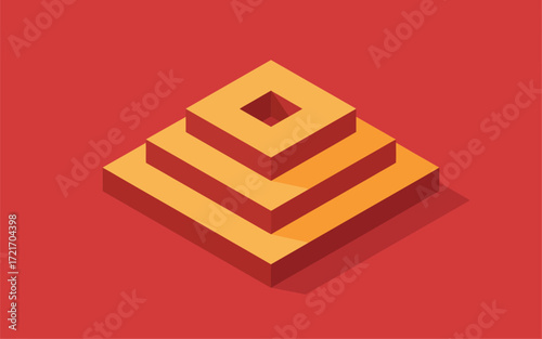 Isometric square pyramid illustration with steps on red background design