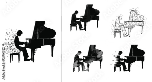 Grand piano illustrations, artistic piano players, abstract music art, creative pianist designs, decorative piano silhouette, expressive musical artwork, modern piano concept