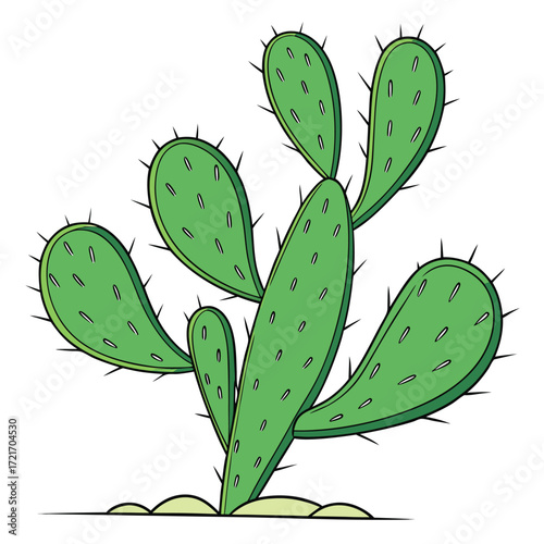 Spiky green cartoon cactus is standing tall on some sandy ground; transparent background