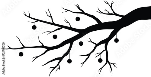 Black tree branch silhouette with hanging ornaments christmas holiday vector