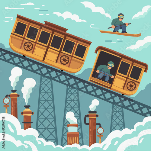 steampunk summit express with brass gondolas and steam vents perfect for luxury greeting cards and decor