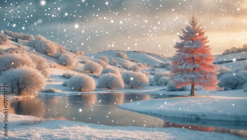 Pink pine tree in snowy valley near river at winter twilight