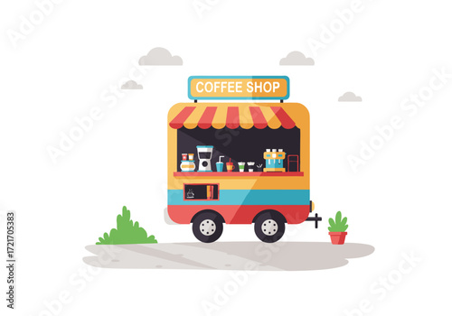 A mobile coffee shop with a red-and-yellow striped awning and coffee machines inside. A modern illustration for brands operating in the street food industry.