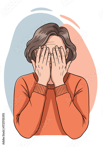 A woman covers her face with her hands. A stylized illustration with an emphasis on emotional state—for concepts of stress, overload, and self-knowledge.