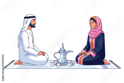 Arab couple sharing traditional coffee in a cultural setting on a patterned rug