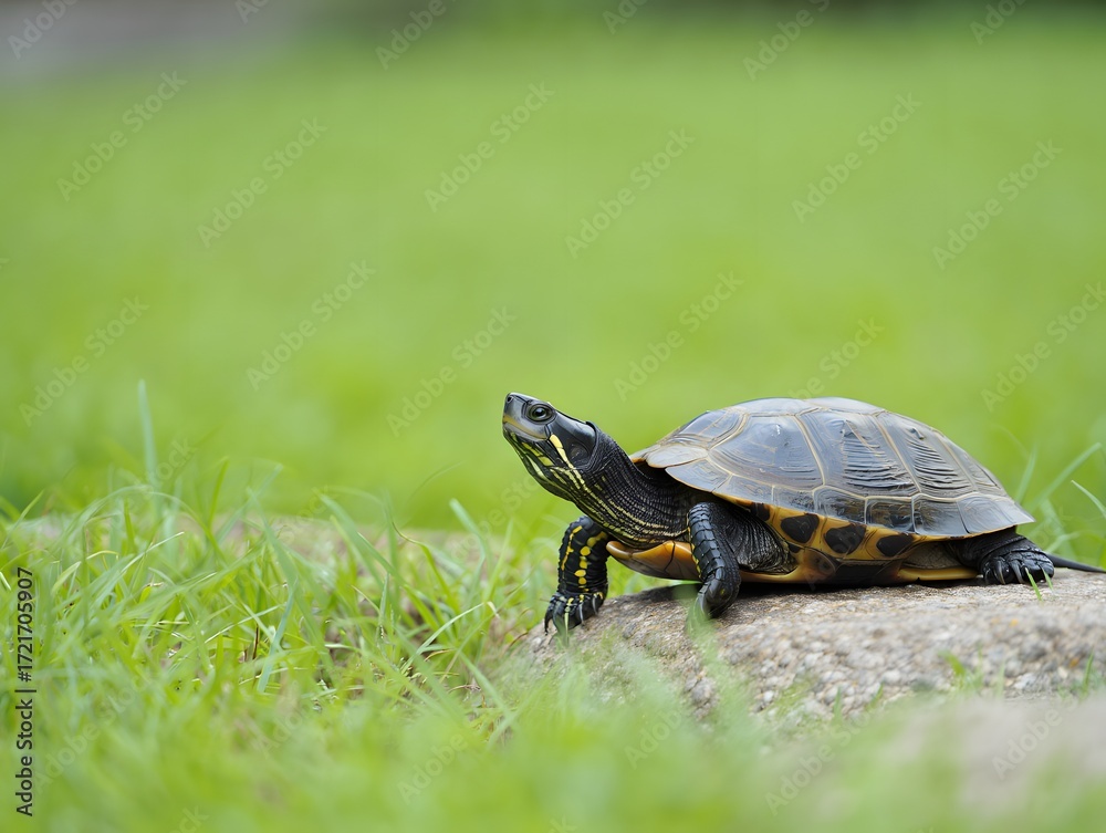 Obraz premium photograph of a Japanese pond turtle resting calmly on a natural stone surface surrounded by soft grass.