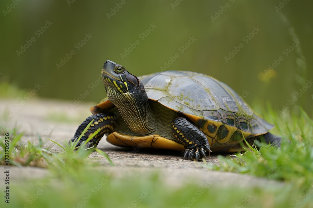 Fototapeta premium photograph of a Japanese pond turtle resting calmly on a natural stone surface surrounded by soft grass.