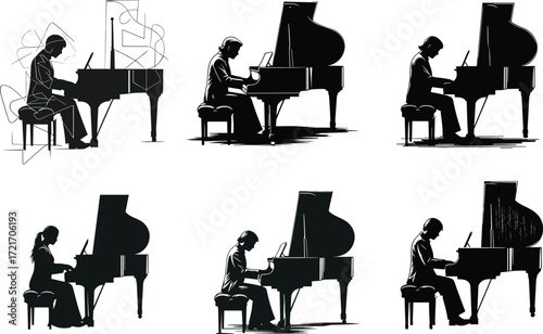 Grand piano players in artistic black and white illustrations, abstract and realistic styles, seated musicians, creative poses, music performance conceptPrint