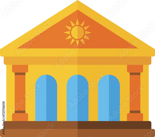 Illustration of a bank building government building with columns and sun icon
